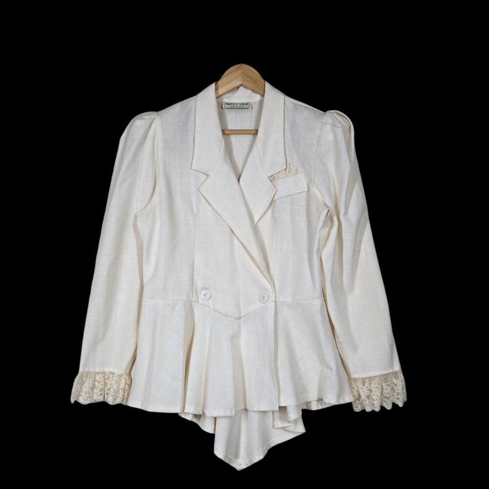 Vintage 80s Sweet Sage Jacket S Ivory Peplum Lace Romantic Cottagecore USA